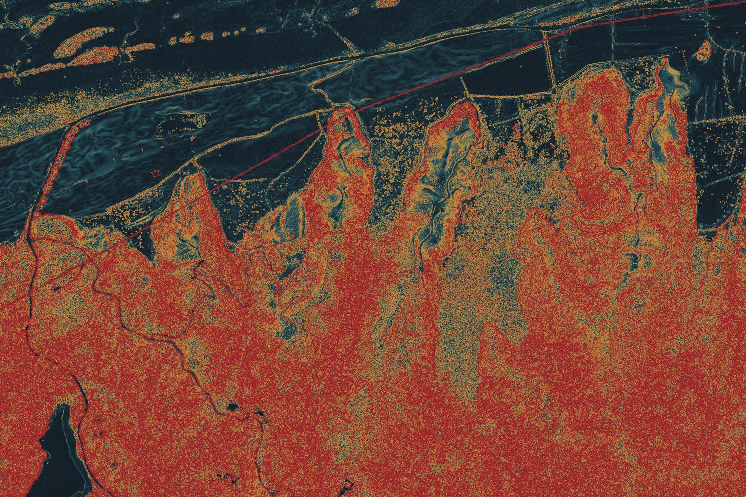 Slope raster of the same surface, colour-mapped from flat to fifty degrees.