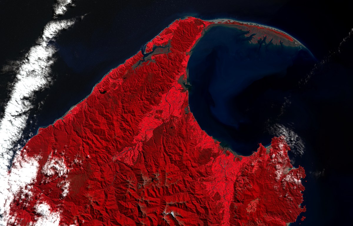 Landsat 8 colour infrared scene of north-west Nelson, September 2013.