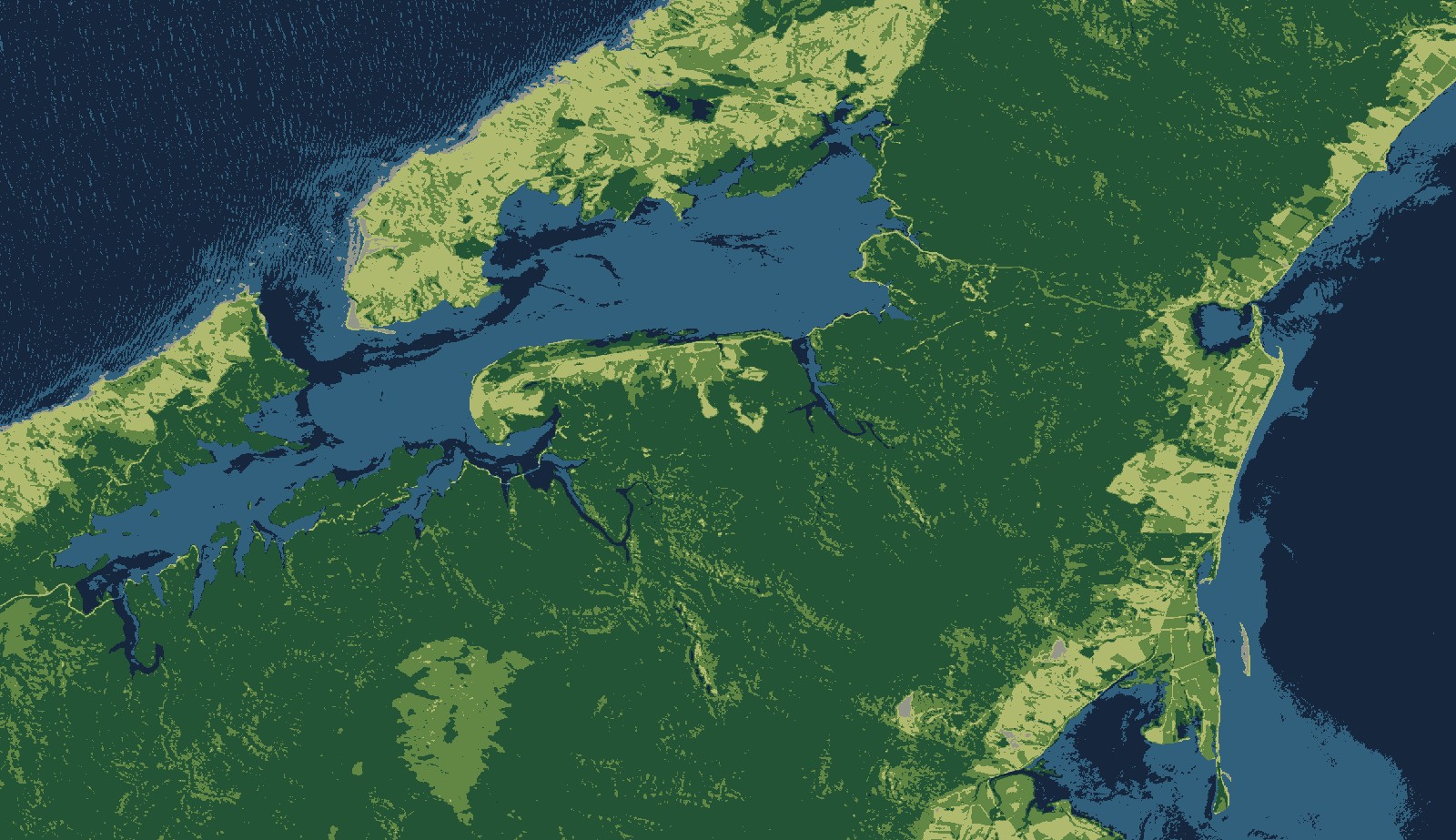 Six-class unsupervised classification of the Sentinel-2 scene: deep water, estuary, bare ground, native forest, scrub and pasture.