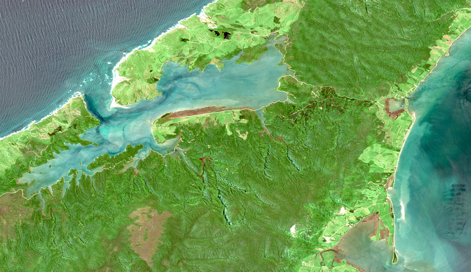 Sentinel-2 natural colour composite of Whanganui Inlet and Golden Bay, north-west Nelson.