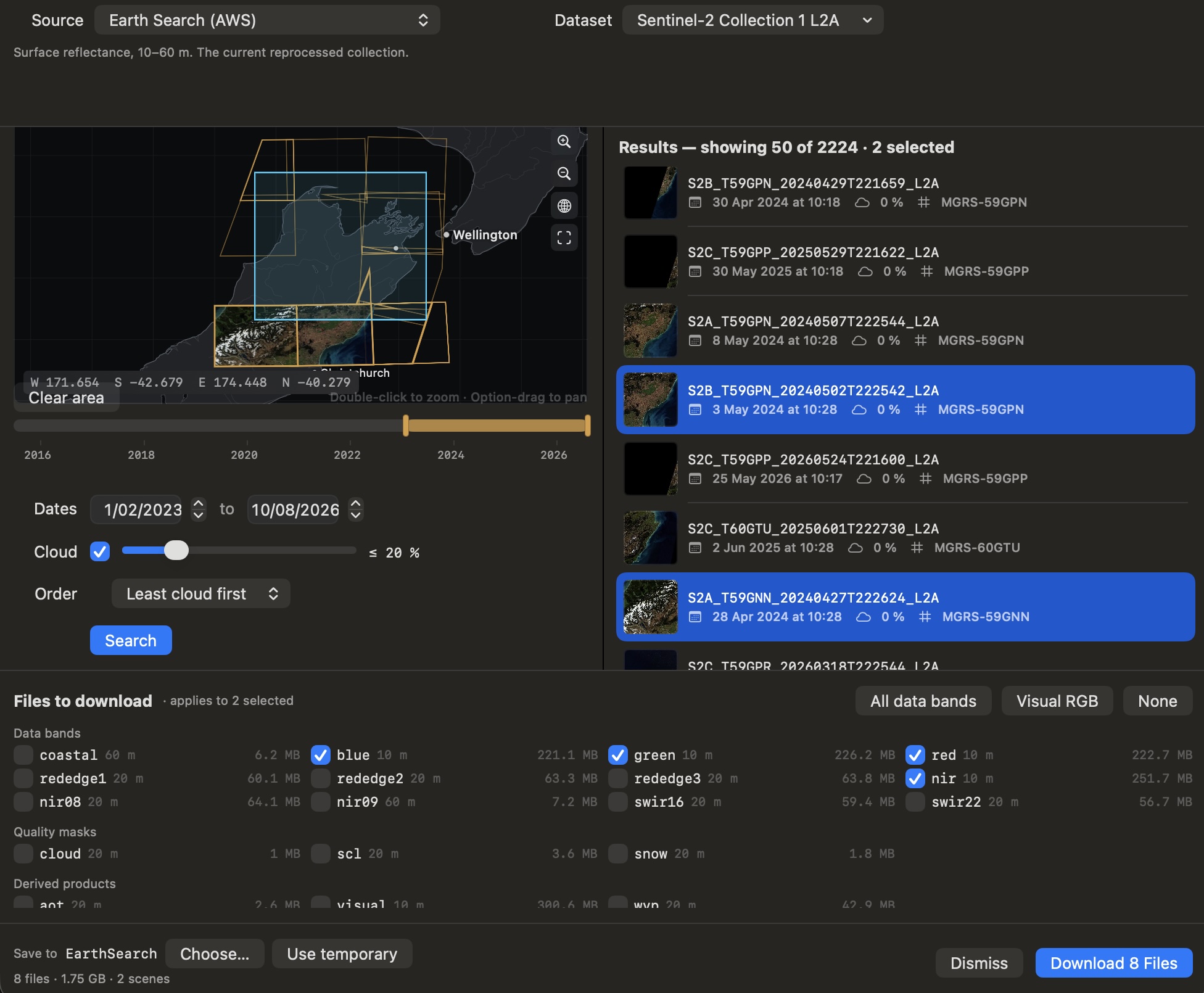 Import Scenes on Earth Search with the world map, timeline range bar and cloud filter