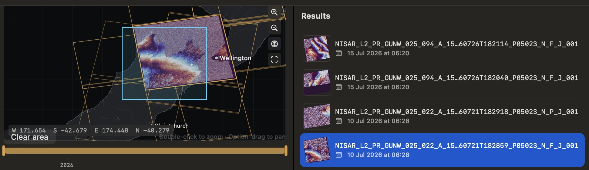 Search results with each scene's browse image drawn on the map inside its own footprint over the area of interest