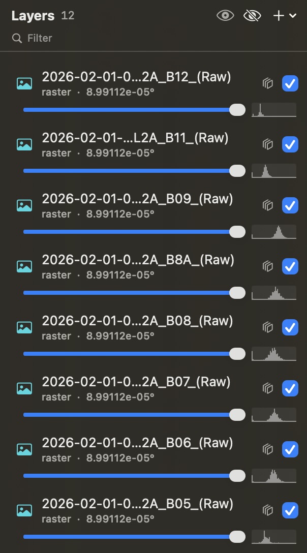 The Layers sidebar with several rasters, each row carrying its own value distribution drawn as a small sparkline