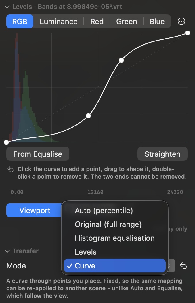 The Levels panel: a tone curve with control points drawn over the red, green and blue histograms of the data going in, with the transfer mode set to Curve