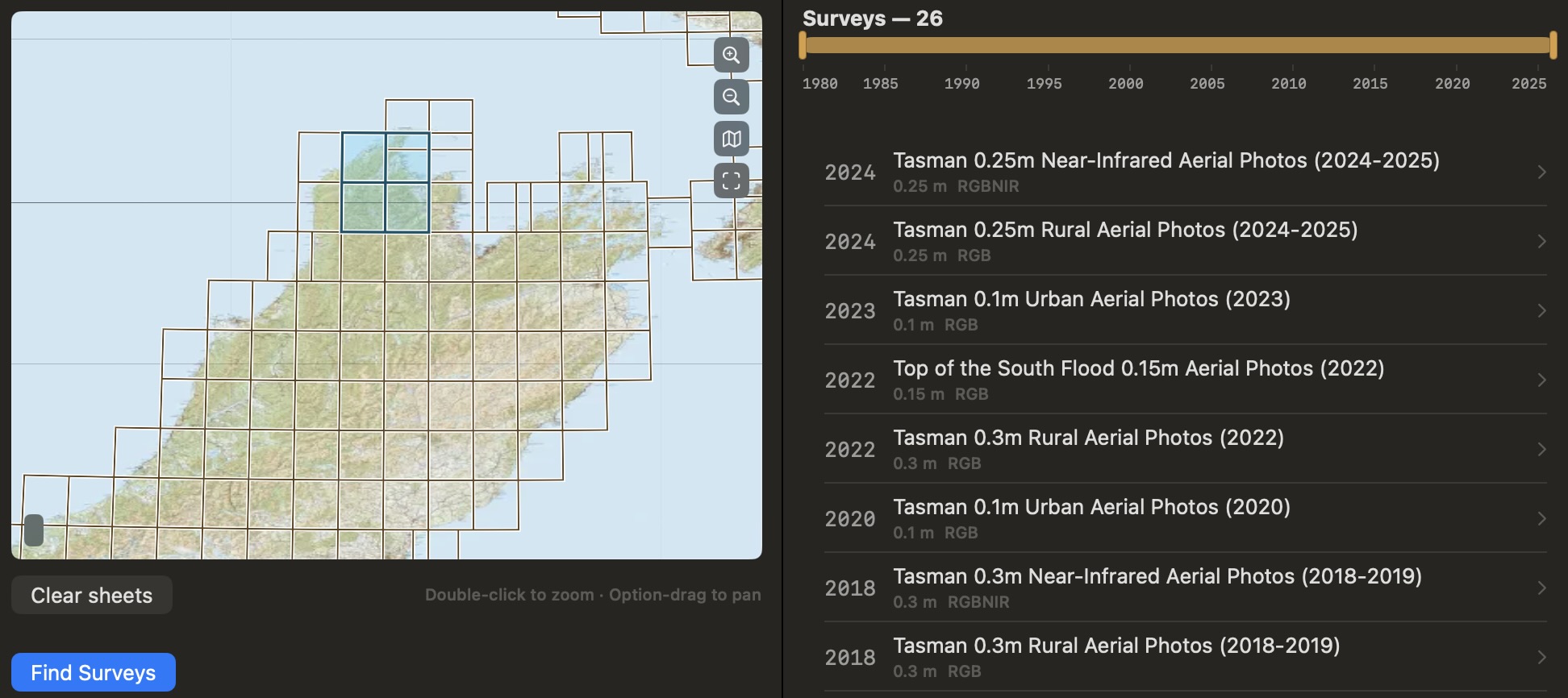 Import Scenes on LINZ with the Topo50 sheet grid and a list of surveys