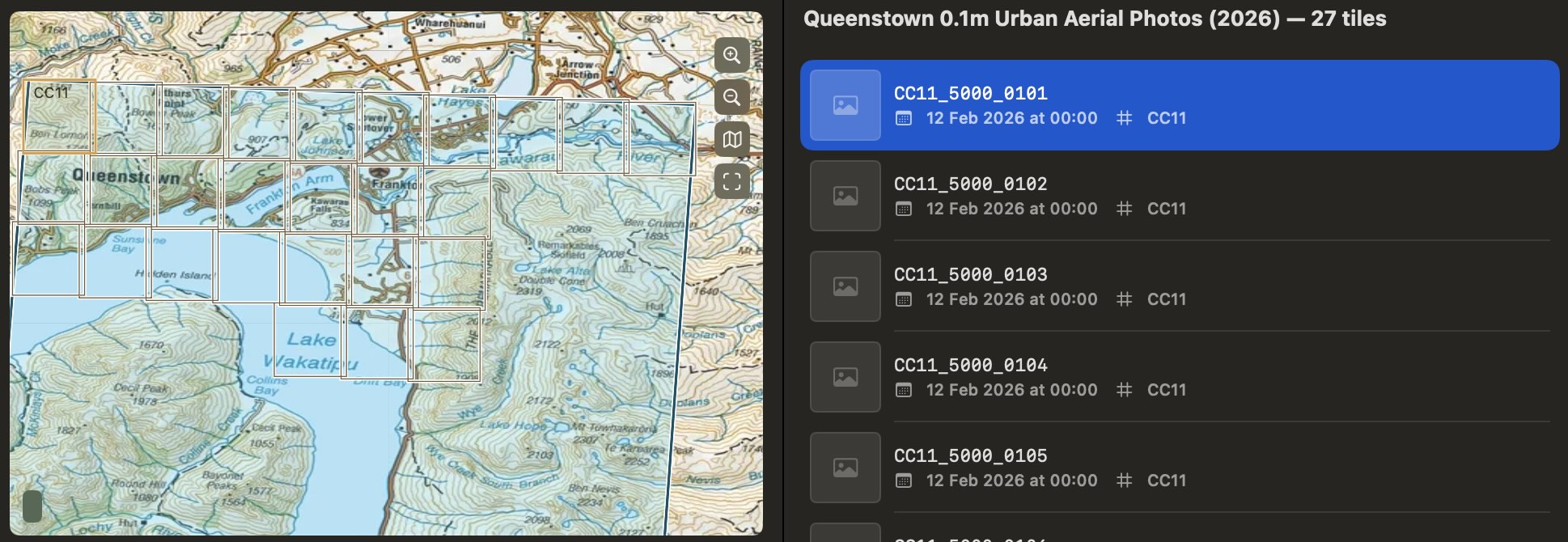 A chosen LINZ survey with its tile grid on the map, tiles selected and a download summary