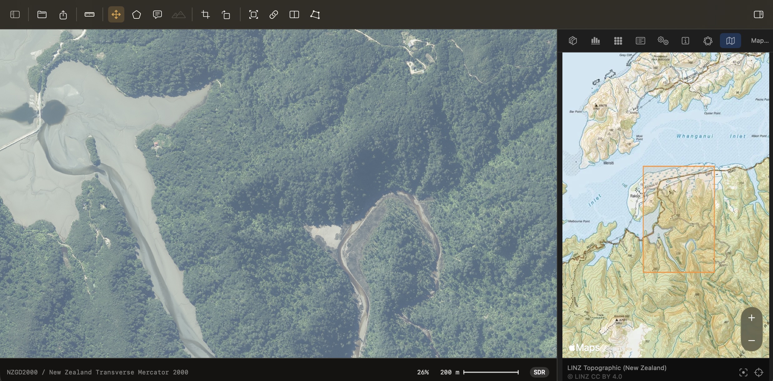 The Map Overview pane showing the national topographic basemap beside a scene