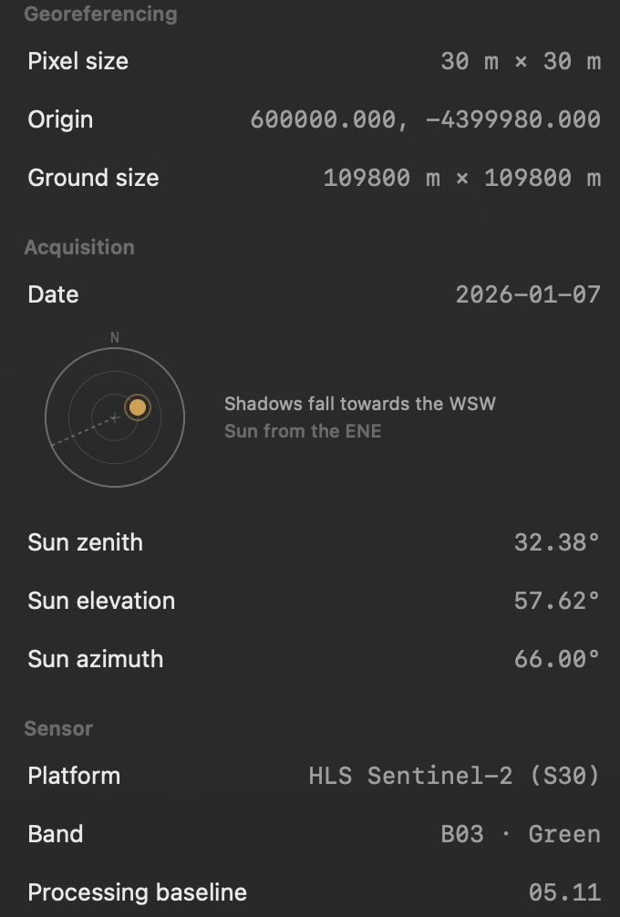 Inspector, Info, Acquisition: the sun-angle glyph drawing the scene's illumination as the sky dome seen from above, with the sun placed where the acquisition metadata puts it