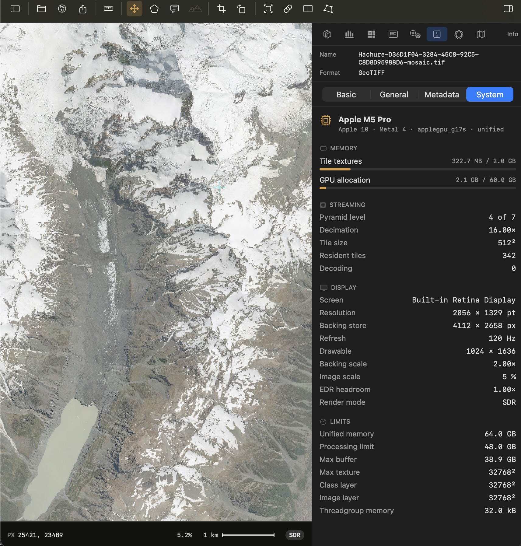Inspector, Info, System, beside a mosaic of aerial tiles over Aoraki: Apple M5 Pro, tile textures 322.7 MB of 2.0 GB, GPU allocation 2.1 of 60 GB, pyramid level 4 of 7 at 16× decimation, 342 resident tiles, a 120 Hz built-in display at 2× backing scale, EDR headroom 1.00× in SDR, and the 48 GB processing limit